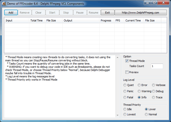 Main Form Screenshot of Video Converter Demo - Delphi FFmpeg VCL Components